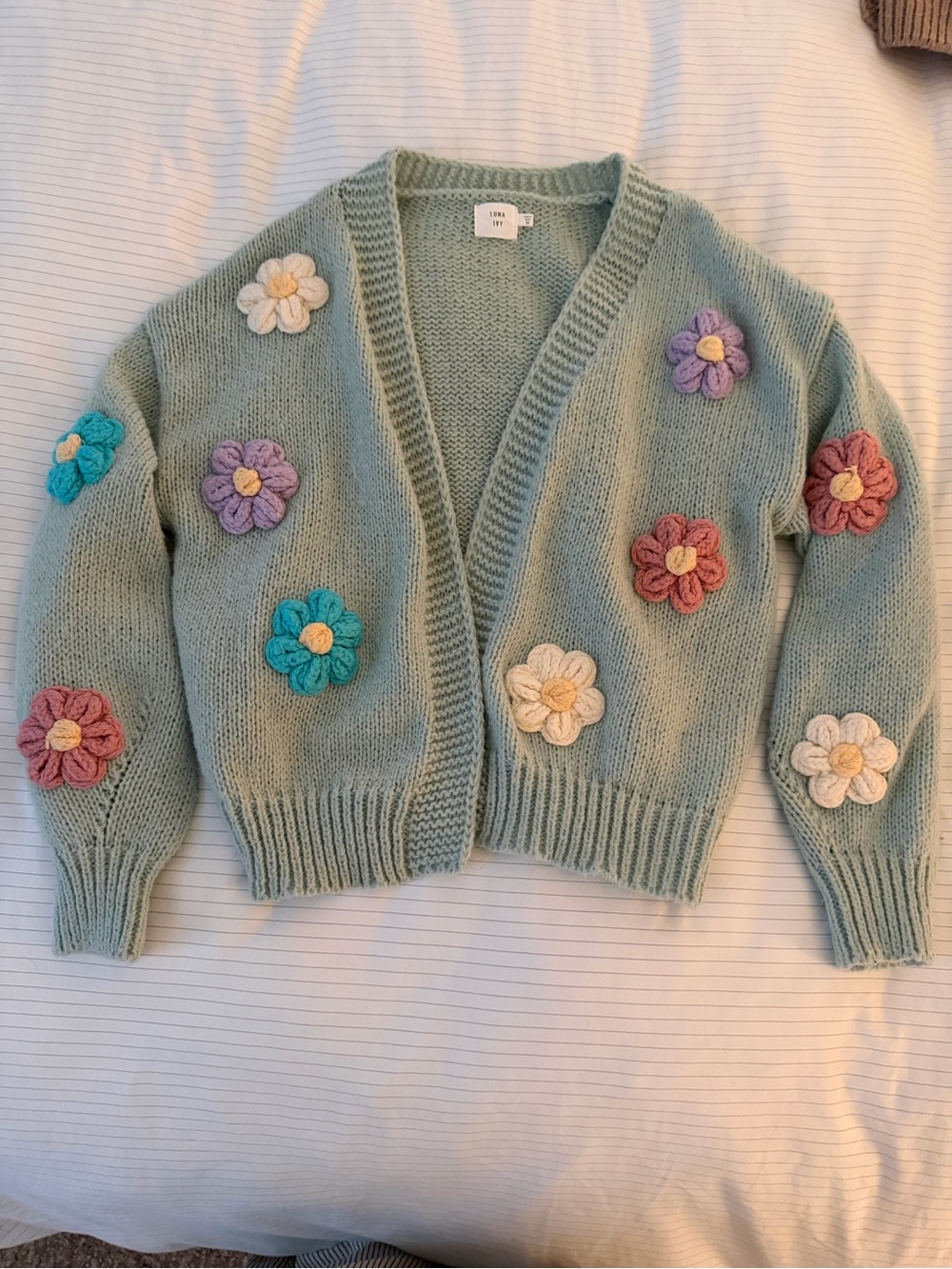 Mint Floral Appliqué Knit Cardigan Sweater